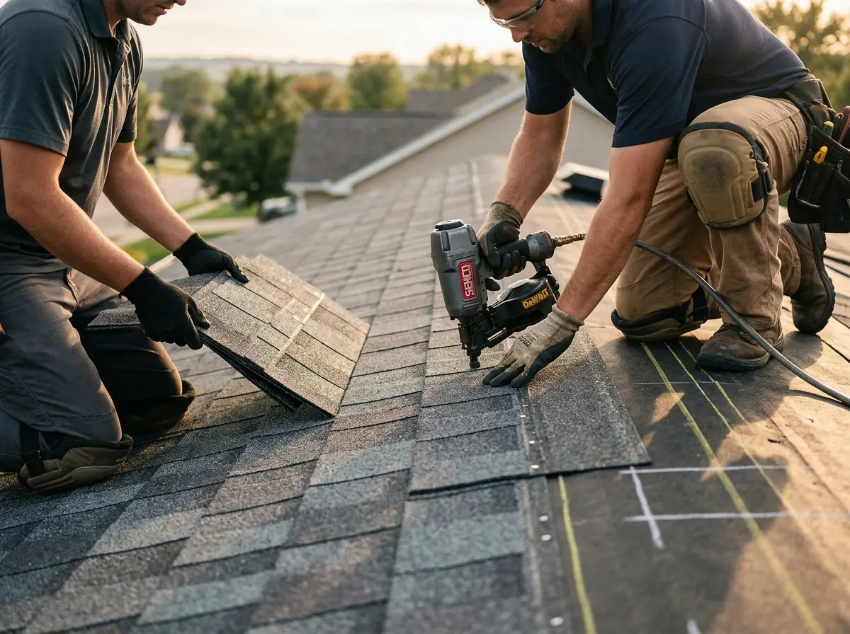 Professional roofer working on a residential roof in Lincoln Village